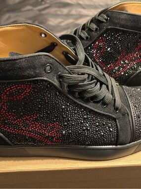 Black Crystal-Embellished High-Top Sneakers with Red Accent